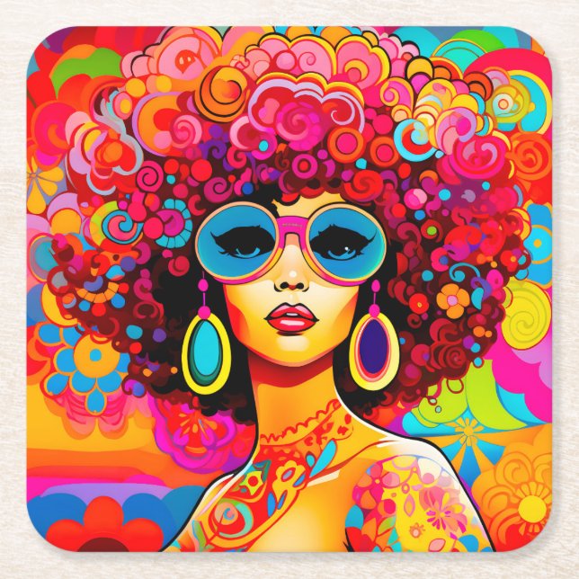 Groovy Retro Afro Chic Pop Art Square Paper Coaster (Front)