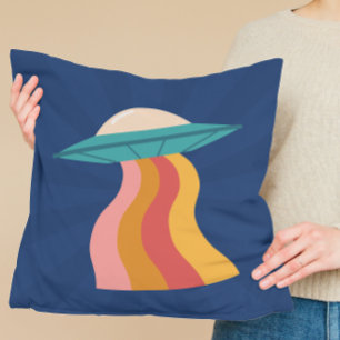 Groovy Retro Alien Spaceship Rainbow Cushion