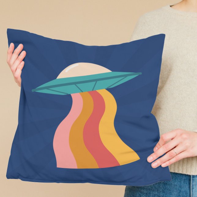 Groovy Retro Alien Spaceship Rainbow Cushion (Groovy Retro Alien Spaceship Rainbow Throw Pillow UFO college dorm room decor decoration toss pillow)