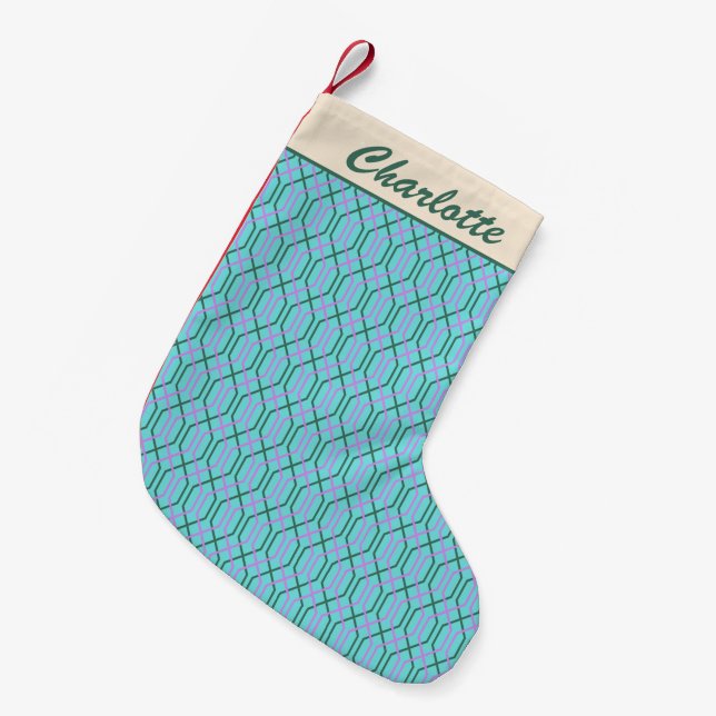 Groovy Retro Aqua Blue Pattern Personalised Name Small Christmas Stocking (Front (Hanging))