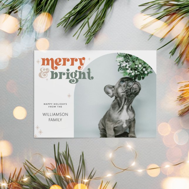 Groovy Retro Arch Photo Merry & Bright Holiday Card (Groovy Retro Family Christmas Card)