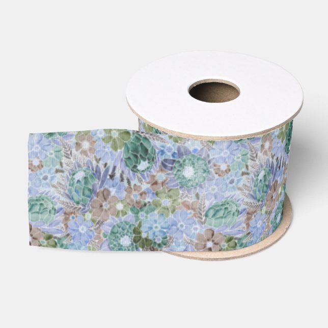 Groovy Retro Blue Protea and Daisy Pattern Grosgrain Ribbon (Spool)