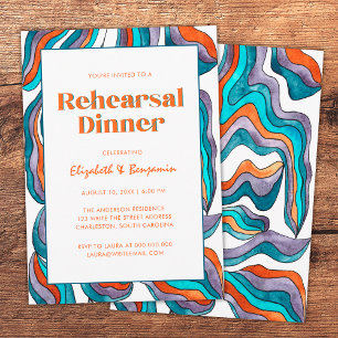Groovy Retro Blue Wavy Wedding Rehearsal Dinner Invitation
