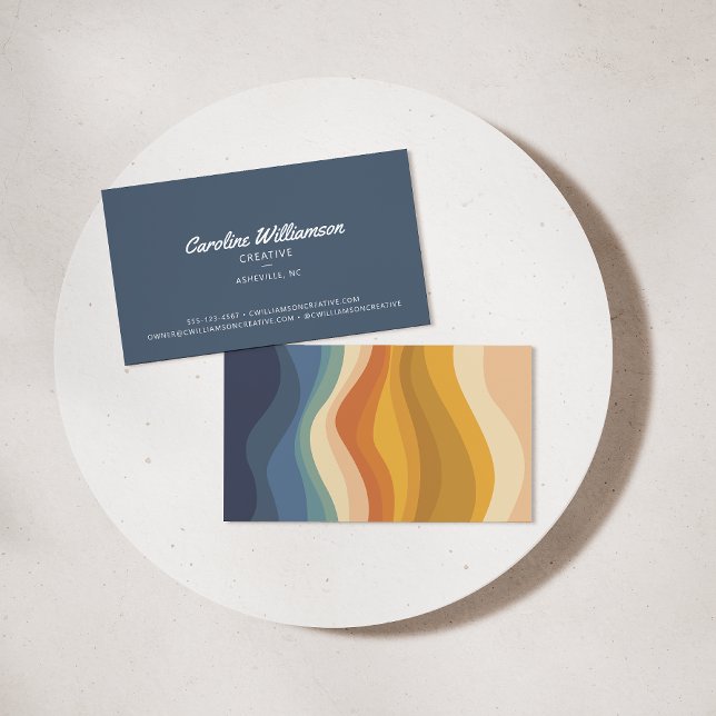 Groovy Retro Blue Yellow Wavy Lines Trendy Business Card (Creator Uploaded)