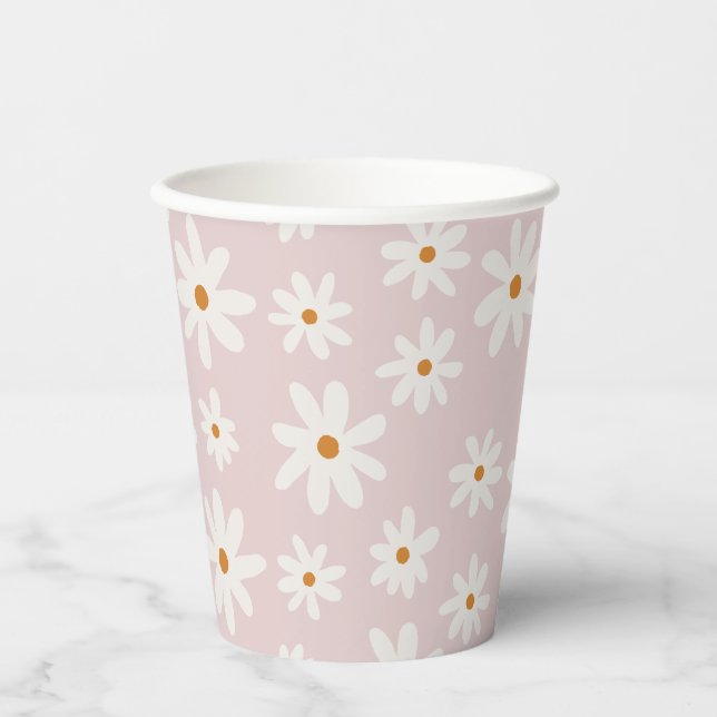 Groovy Retro Blush Pink Daisy Paper Cups (Front)