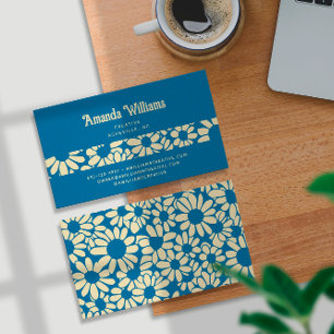 Groovy Retro Boho Blue Cream Botanical Trendy Business Card