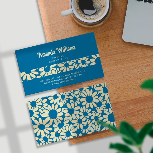 Groovy Retro Boho Blue Cream Botanical Trendy Business Card (Creator Uploaded)