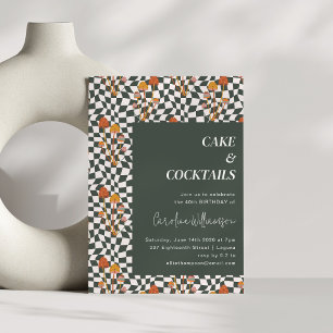 Groovy Retro Boho Chequerboard 40th Birthday Party Invitation