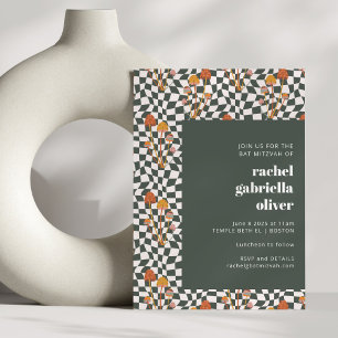 Groovy Retro Boho Green Chequerboard Bat Mitzvah Invitation
