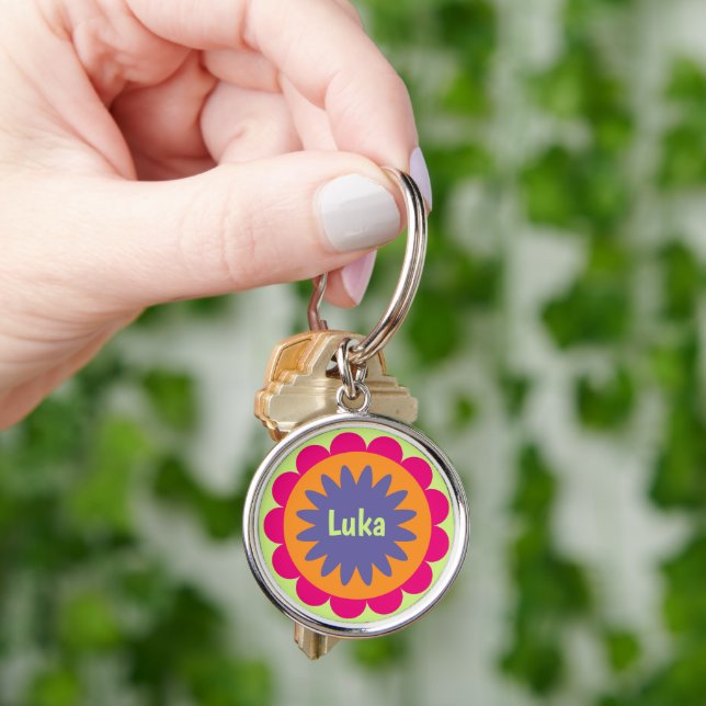 Groovy Retro Botanical Pattern Artwork Key Ring (Hand)