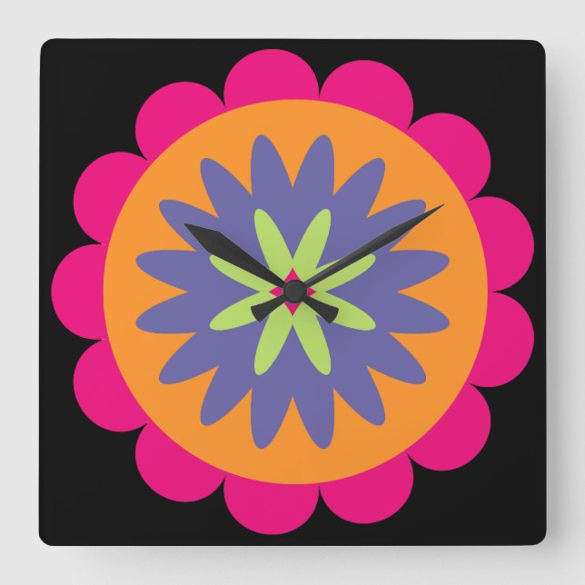 Groovy Retro Botanical Pattern Artwork Square Wall Clock (Front)