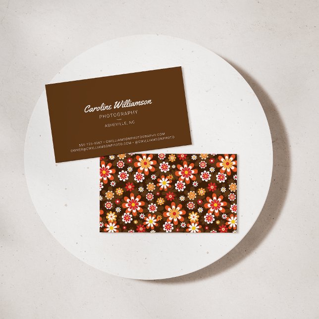 Groovy Retro Brown Orange Botanical Flowers Trendy Business Card (Creator Uploaded)