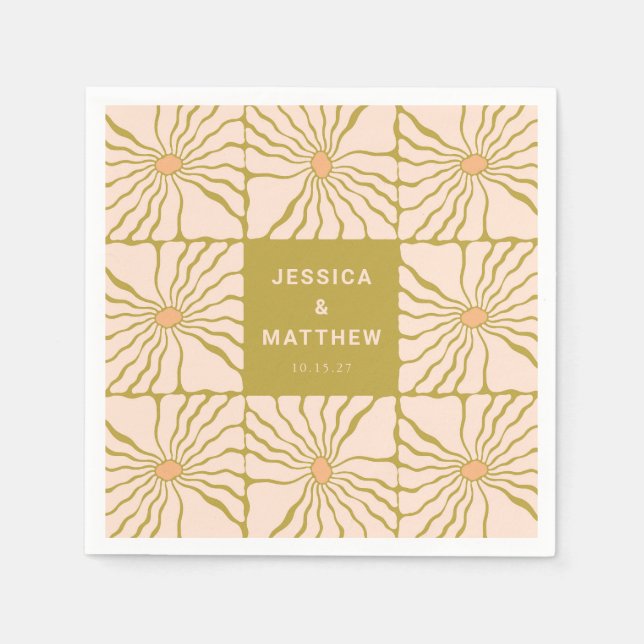 Groovy Retro Chartreuse Botanical Custom Wedding Napkin (Front)