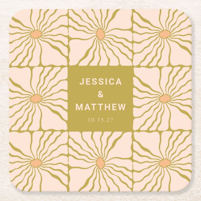 Groovy Retro Chartreuse Botanical Custom Wedding Square Paper Coaster (Front)