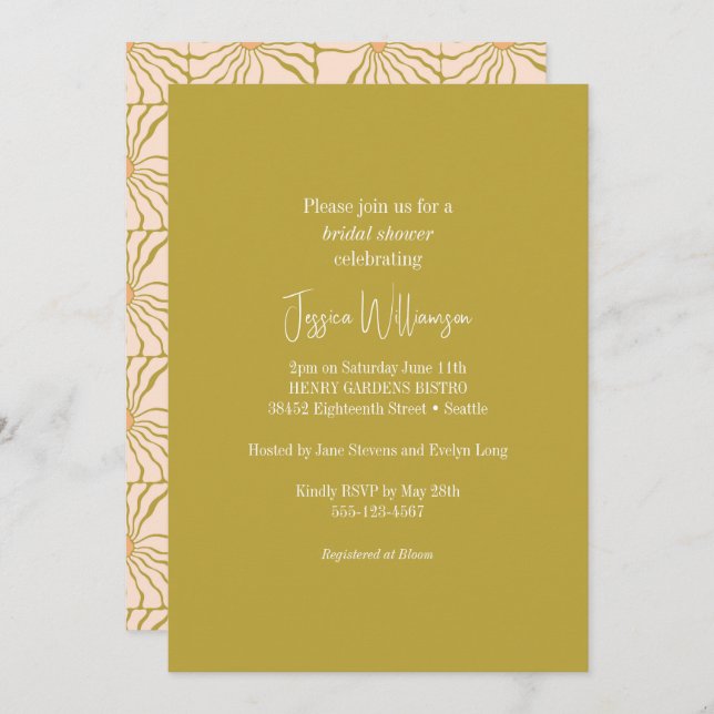 Groovy Retro Chartreuse Botanical Trendy Shower Invitation (Front/Back)