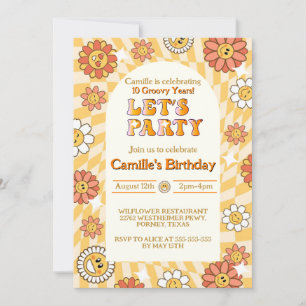 Groovy Retro Chequerboard daisy birthday Invitation