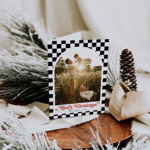 Groovy Retro Chequered Arch Photo Holiday Card