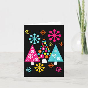 Groovy Retro Christmas Trees And Snowflakes Card
