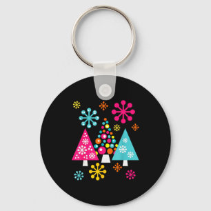 Groovy Retro Christmas Trees And Snowflakes Key Ring