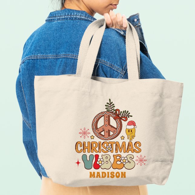Groovy Retro Christmas Vibes Peace Sign Name Large Tote Bag (Creator Uploaded)