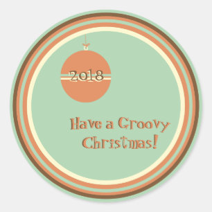 Groovy Retro Christmas with Ornament and Date Classic Round Sticker