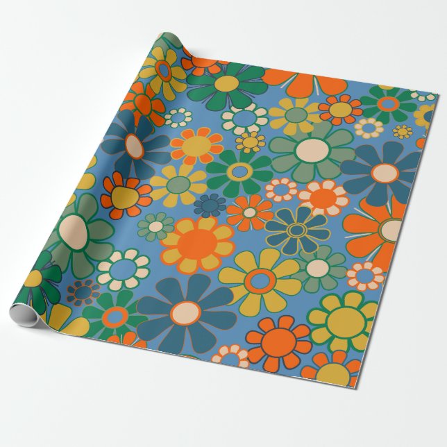 Groovy Retro Colourful 60s 70s Floral Pattern Wrapping Paper (Unrolled)