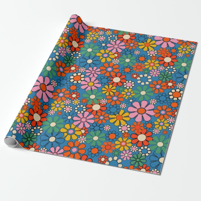 Groovy Retro Colourful 60s 70s Floral Pattern Wrapping Paper (Unrolled)
