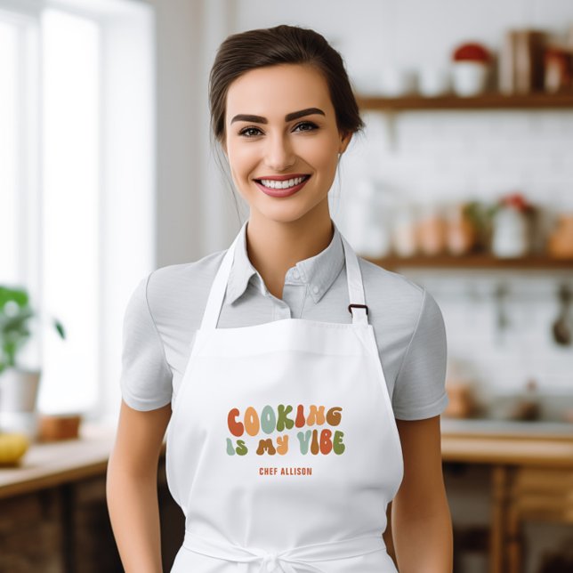 Groovy Retro Cooking Is My Vibe, Chef Foodie Cook Long Apron (Creator Uploaded)