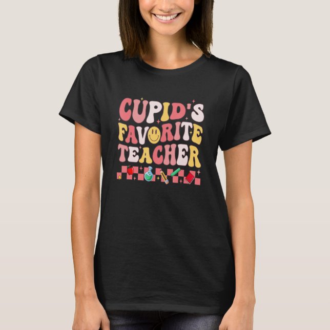 Groovy Retro Cupid's Favourite Teacher Valentine's T-Shirt (Front)