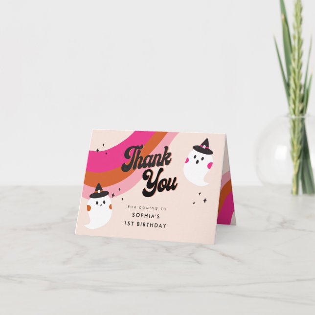 Groovy Retro Cute Ghost Thank You Birthday Card (Front)