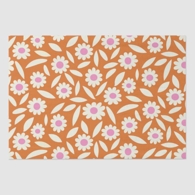 Groovy Retro Daisies Floral Pattern on orange   Tissue Paper (Front)