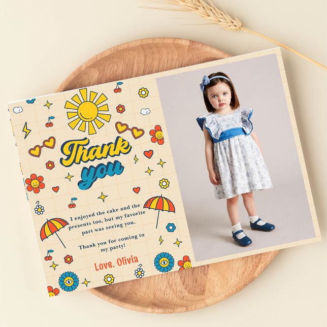Groovy Retro Daisy Birthday Photo Thank You Card (Creator Uploaded)