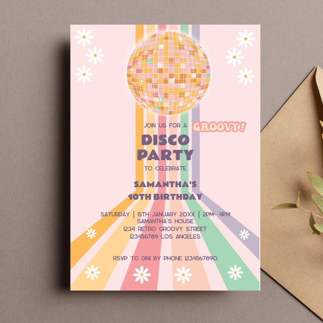 Groovy Retro Daisy Disco Birthday Invitation (Creator Uploaded)
