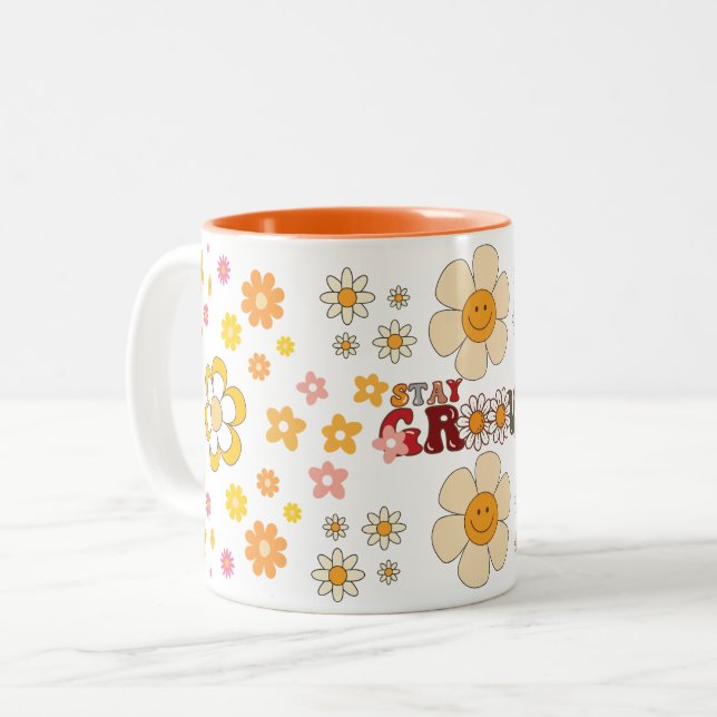 Groovy Retro Daisy Flowers Pattern Boho Floral Two-Tone Coffee Mug (Front Left)