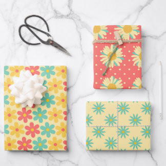 Groovy Retro Daisy in Yellow blue  Wrapping Paper Sheet