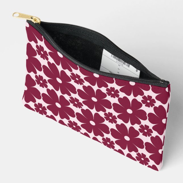Groovy Retro Daisy Pattern Deep Berry Pink Accessory Pouch (Open)