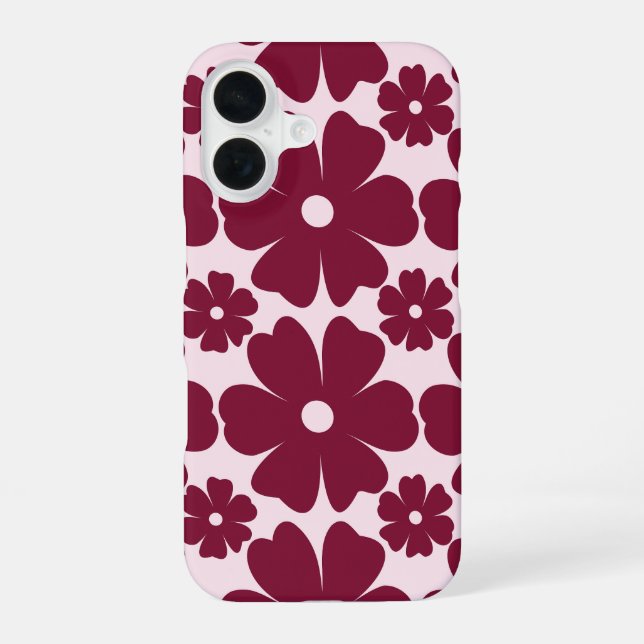 Groovy Retro Daisy Pattern Deep Berry Pink iPhone 16 Case (Back)