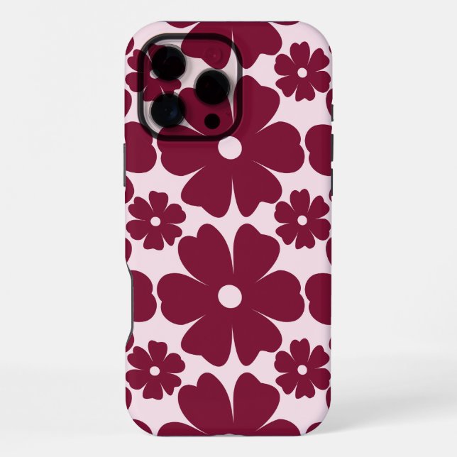 Groovy Retro Daisy Pattern Deep Berry Pink iPhone Case (Back)