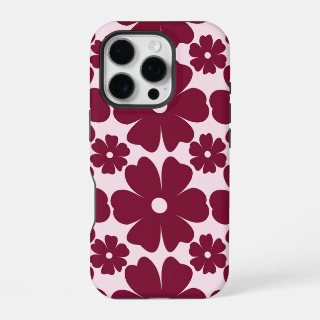 Groovy Retro Daisy Pattern Deep Berry Pink iPhone Case (Back)