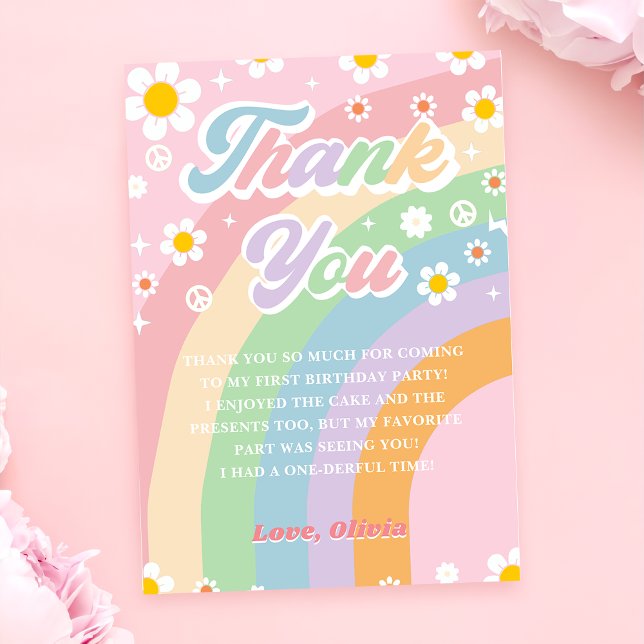 Groovy Retro Daisy Rainbow Birthday Thank You Card (Creator Uploaded)