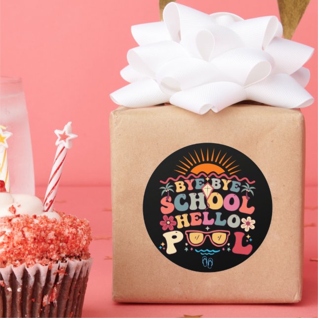 Groovy Retro Design Bye Bye School Hello Pool Cool Classic Round Sticker (Party)