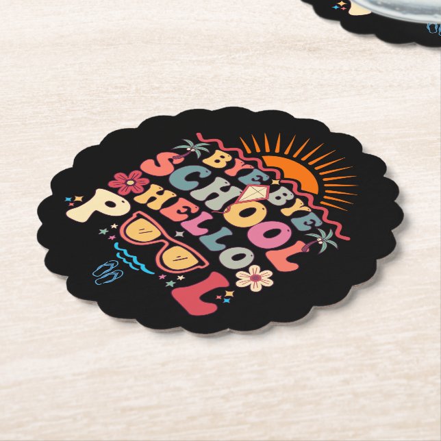 Groovy Retro Design Bye Bye School Hello Pool Cool Paper Coaster (Angled)