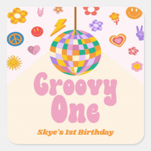 Groovy Retro Disco Ball 1st Birthday Party Favour Square Sticker