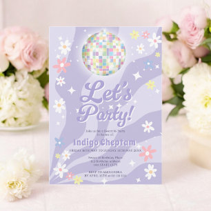 Groovy retro disco ball 70's floral Sweet 16 Invitation