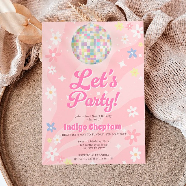 Groovy retro disco ball 70's floral Sweet 16 Invitation (Groovy retro disco ball 70's floral Sweet 16 Invitation)