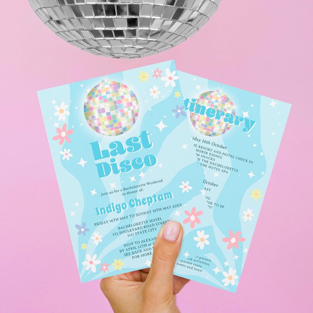Groovy retro disco floral bachelorette weekend invitation (Creator Uploaded)