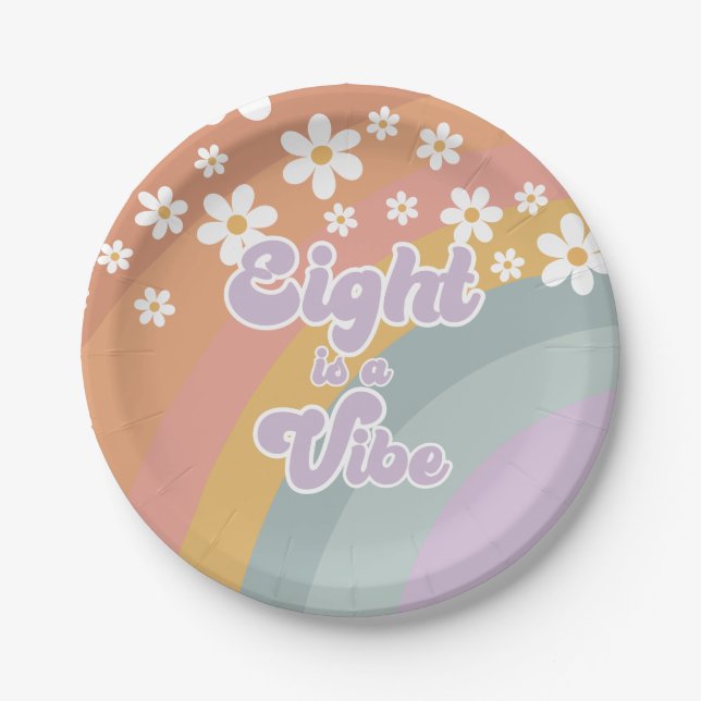 Groovy Retro Eight is a Vibe Rainbow Paper Plate (Front)