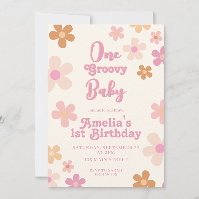 Groovy Retro Floral 1st Birthday Invitation (Front)