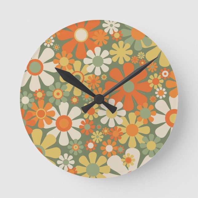 Groovy Retro Floral 60s 70s Flowers Round Clock (Front)