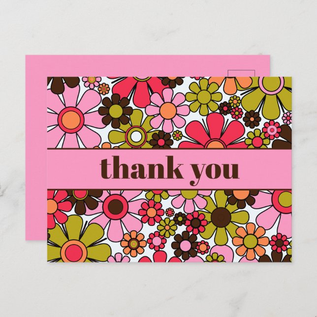 Groovy Retro Floral 60s 70s Flowers Thank You Postcard (Front/Back)